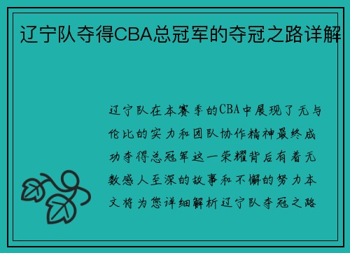 辽宁队夺得CBA总冠军的夺冠之路详解